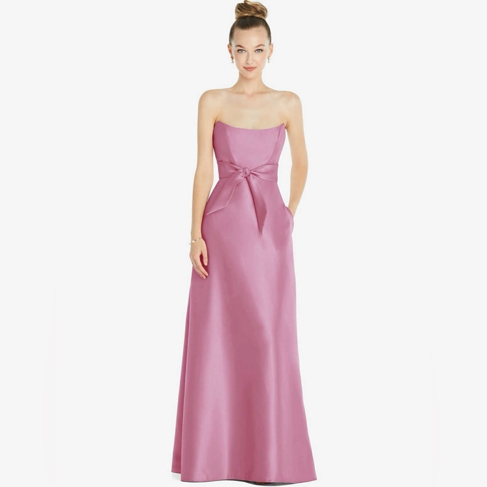 Dessy Collection D828 BASQUE-NECK STRAPLESS SATIN GOWN WITH MINI SASH